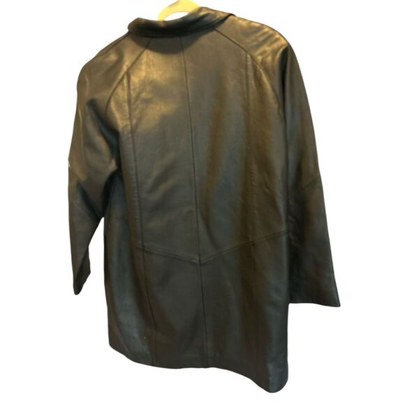 Vintage Oleg Cassini Genuine Leather Mid Length Coat Jacket Black Women's PM - Picture 2 of 7